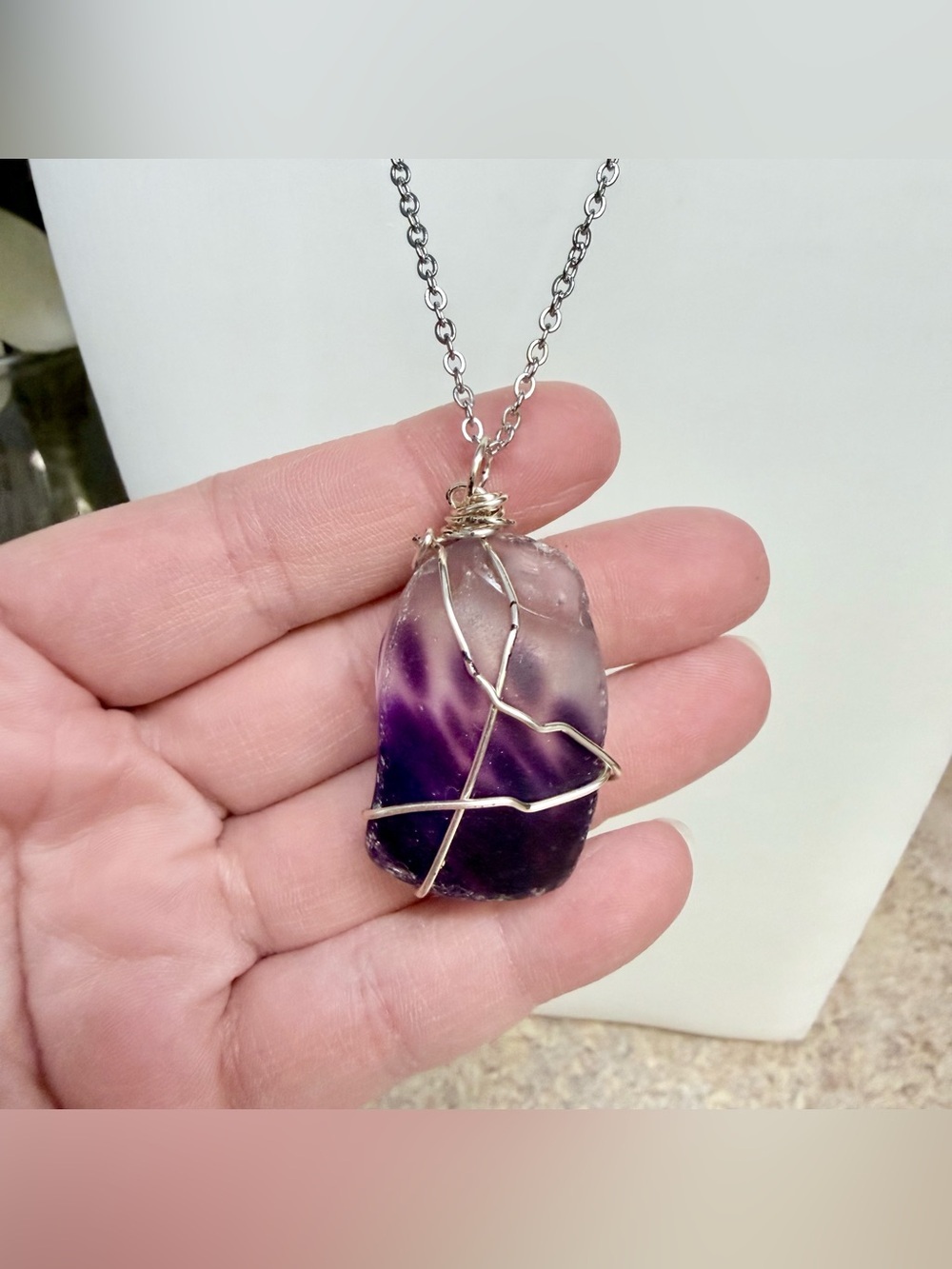 Hand crafted wire wrapped chevron amethyst pendant necklace - Picture 3 of 5